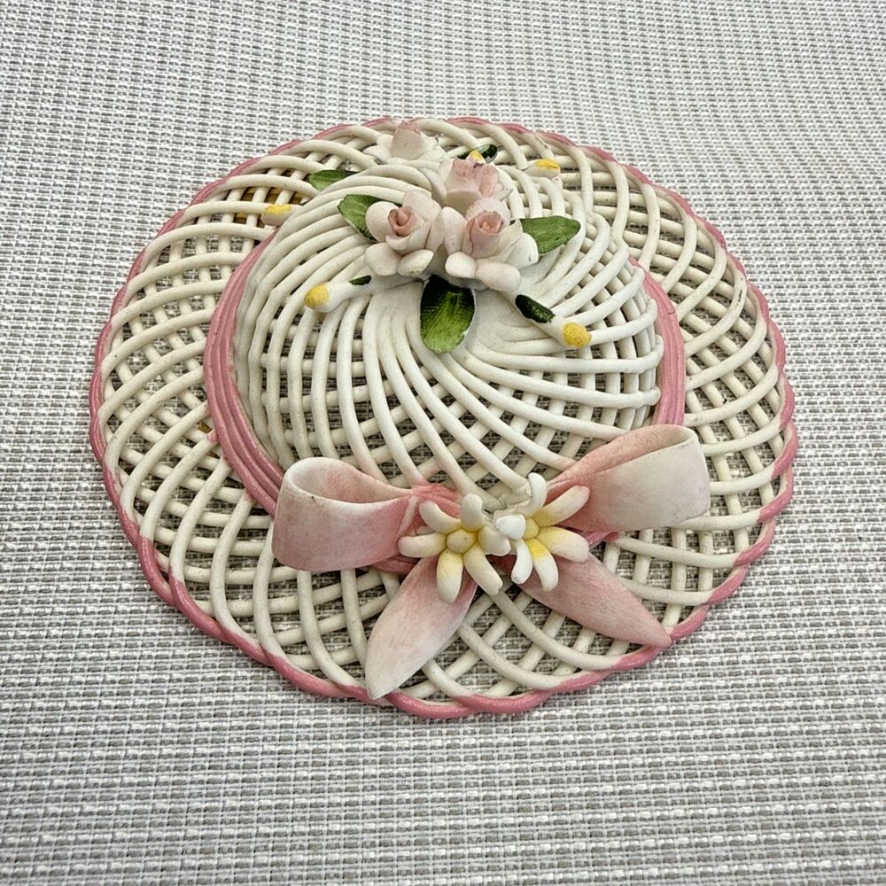 Vintage Capodimonte Savastano Italy Porcelain Lattice Hat Bow Flowers Display